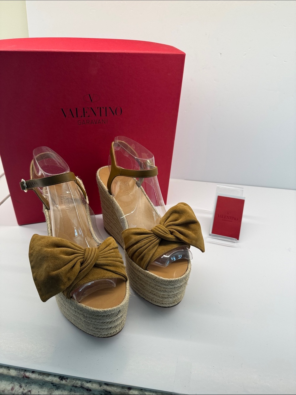 Valentino Olive Suede Bow Espadrille Wedge Sandals